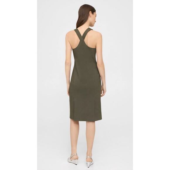 Theory Ladies Dark Olive Square Neckline Good Linen Size 8 Dress - Picture 2 of 11